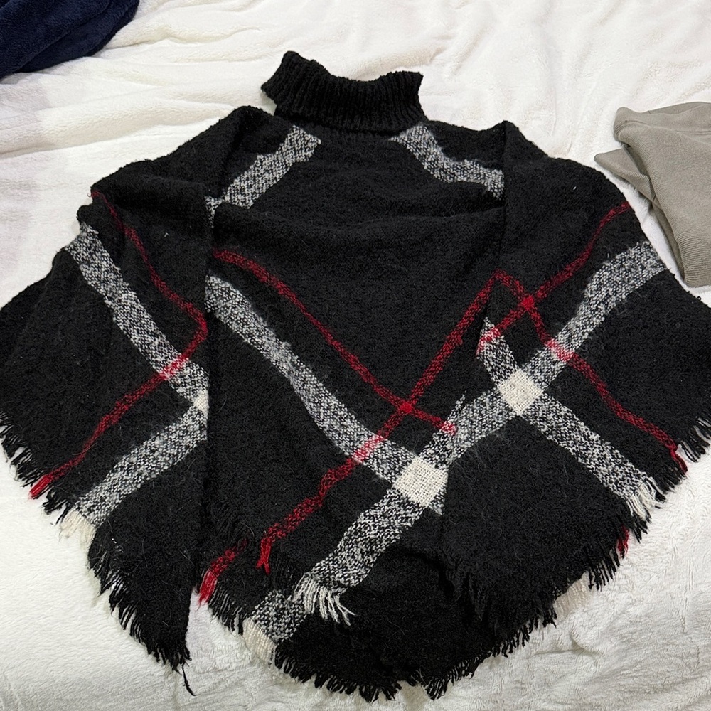 Women's Black Plaid Turtleneck Poncho Sweater with Fringe